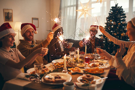 多种族举杯在家享受圣诞晚宴在家中图片