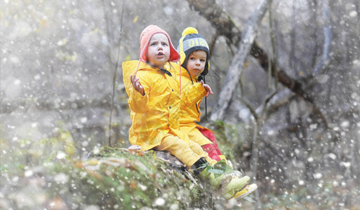 蹒跚学步的孩子们在秋天的公园里散步秋林初霜雪孩子们在公园背景图片