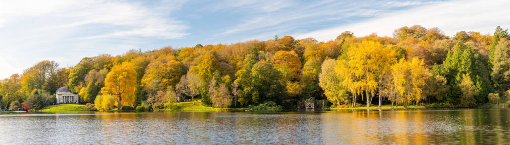 树木风景威尔特郡Stourhead花园湖周围秋色的全景照片背景