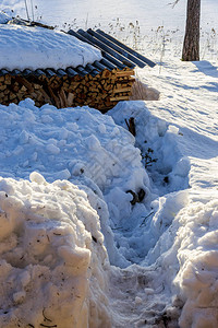 小路被踩在雪堆里图片