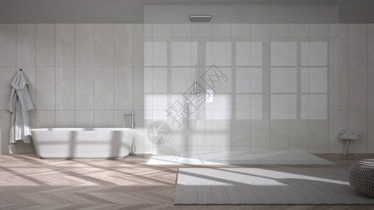 宽敞的米色浴室配有人字形镶木地板步入式淋浴间和独立浴缸瓷砖带坐垫的地毯浴袍和毛巾简图片