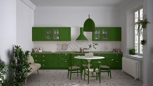白色和绿色后古厨房图片