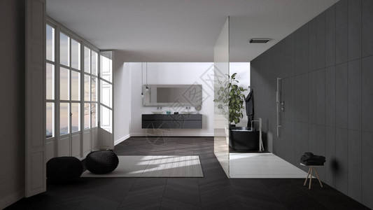 宽敞的浴室采用白色和灰色调背景图片