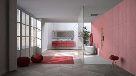 宽敞的红色调浴室配有镶木地板全景窗户步入式淋浴间和独立浴缸带坐垫的地毯双水槽盆栽植物简图片