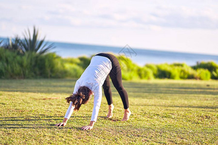 练瑜伽的年轻女员教练在公园教图片
