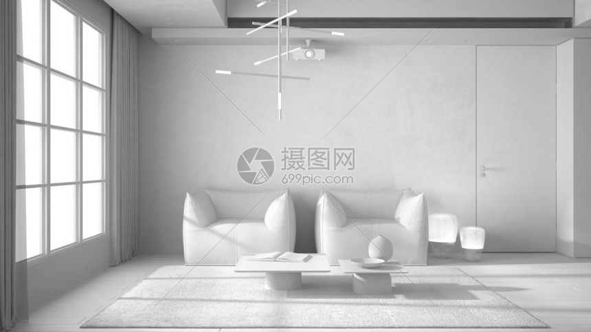 全白色项目草图带窗帘的方窗简约客厅镶木地板扶手椅带咖啡桌和装饰的地毯前照灯图片