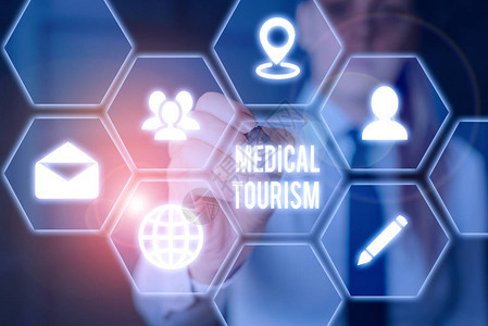 显示医疗旅游的书面说明出国旅行接受医疗的商业理念图片