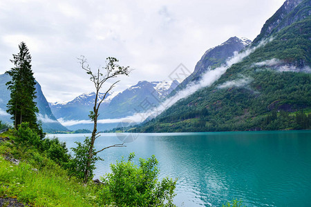 美丽的Oldevatnet冰川湖和雾山的景观背景图片