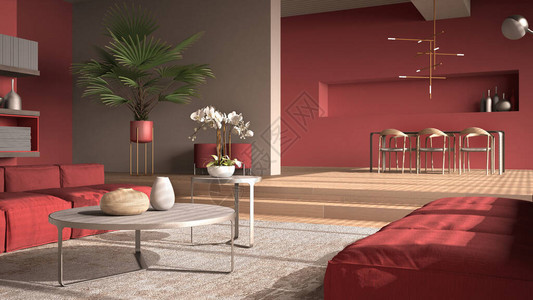红色调的现代大厅带台阶的镶木橡地板的开放空间沙发地毯和咖啡桌带椅子和灯的餐桌简背景图片