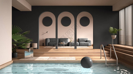 灰色调的简约客厅大厅铺有镶木橡地板的开放空间台阶拱门沙发地毯和盆栽植物游泳池背景图片