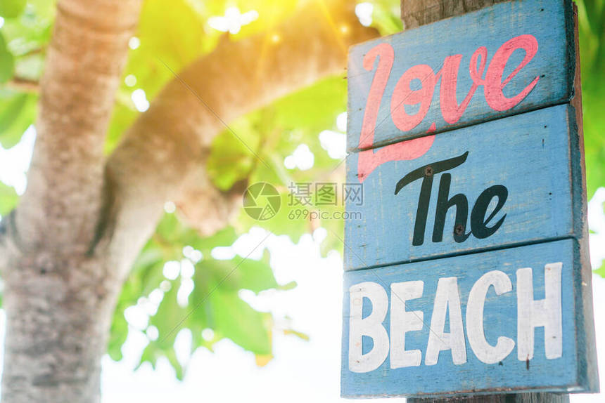 爱的海滩字在木板上挂在树上与图片