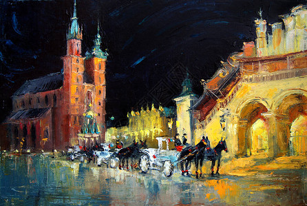 波兰克拉科夫老城夜景市集广场圣玛丽大教堂马车印象派风格的油画风景厚重富有图片