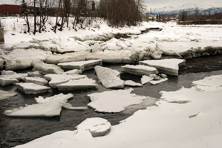 阿拉斯加安克雷奇北部一条冰冻的小溪河流中的冰破开裂和融化的冬季景观在ShipCreekOverlookPark旁边拍摄Chuga图片