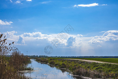 美丽的夏日风景与小河流和麦田令人惊叹的天空背景下美丽图片