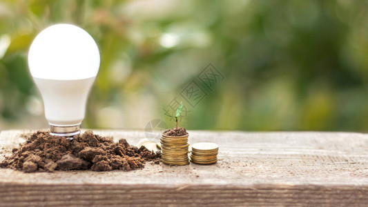 LED灯泡和硬币堆节约概念电力和生态业务经济消费拯救地图片