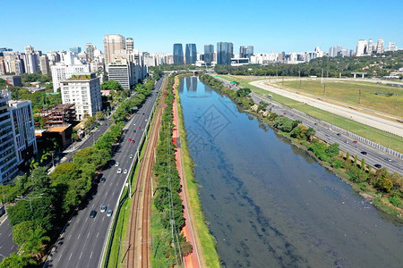 阳光明媚的日子里城市生活场景的全景城市景观图片