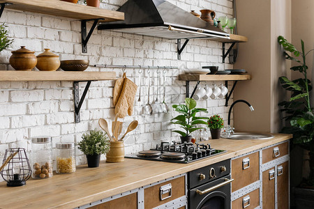 新家具木制台面燃气灶内置烤箱设备炊具厨具用品现代室内公寓厨房花盆内图片