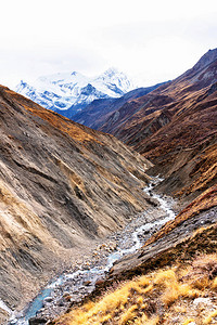 外卖员尼泊尔旅游景点路线AnnapurnaCirectricTrail通往基地营和ShoongLa或ThorungL背景