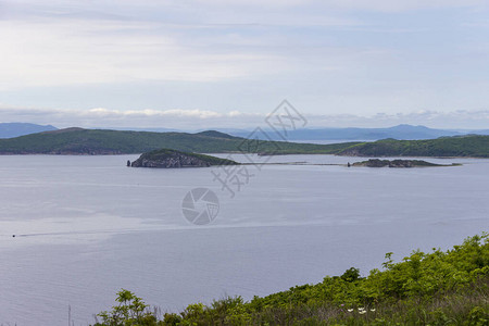 彼德大湾的景象是夏天从海参沃斯托克水区斯科特岛南端的背景图片