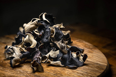 木本底的干黑色切片蘑菇可食用的暗黑真菌图片