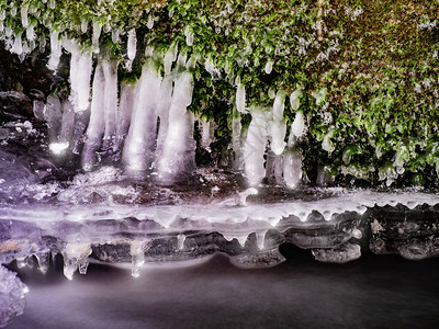 冬季深绿色的山溪冷水小冰块图片