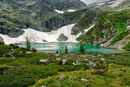 高山上美丽的绿松石湖山坡上的冰川供给湖水前景有大石头的山景和被群图片