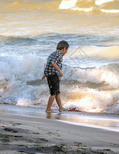 美国密歇根湖海岸活跃的野生海滩日上小男孩图片