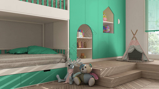家庭游戏绿松石柔和色调的现代简约儿童卧室镶木地板双层床带玩具的橱柜木偶和装饰品柔软的地毯帐篷背景