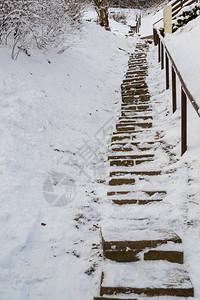 冬季公园雪中的楼梯图片