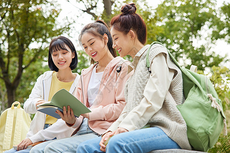 情感的青年女性学生同学坐在一起看书背景