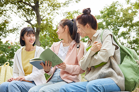 情感的青年女性女大学生们坐在一起看书背景