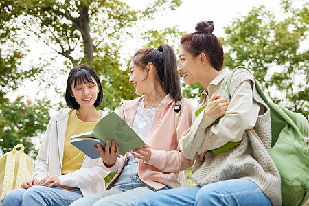 校园里一起看书的大学生闺蜜高清图片