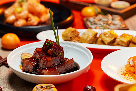 美味中国美食餐饮海报新年年夜饭餐桌上的菜肴背景