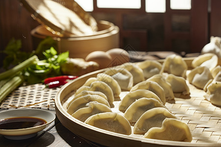 一沓刚包好的生饺子图片