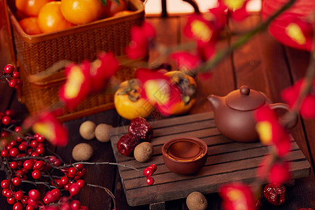 新年喜庆桌面茶具背景图片