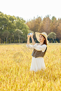 唯美麦田野美女站在稻田里使用照相机拍照背景
