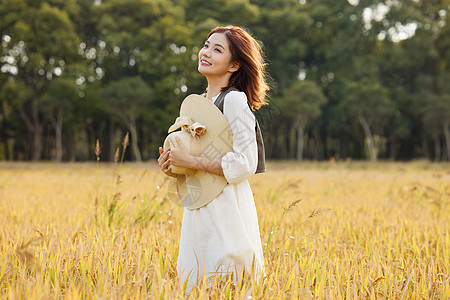 唯美女性在稻田里散步郊游的女性背景