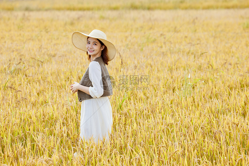 秋季在稻田散步的青年女性图片