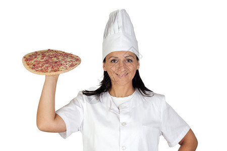 漂亮的厨艺女孩有美味的比萨饼孤立图片