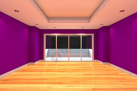 空房间装饰紫色墙壁和木地板玻璃门和露台图片