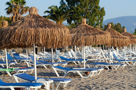 沙滩躺椅和海上遮阳伞图片