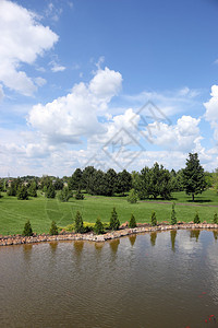 池塘树木和蓝天景观图片