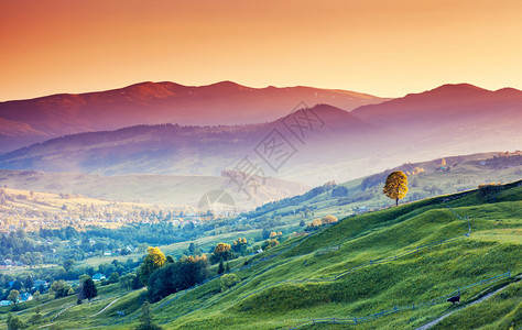 美好的早晨山地风景多彩的天空喀尔巴阡图片