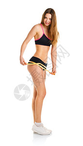 瘦身对比图测量美大腿完美形状健康生活方式概念的运动妇背景