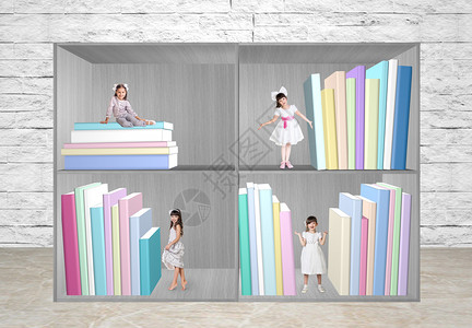 童话王子站在书架上的小女孩的缩影背景