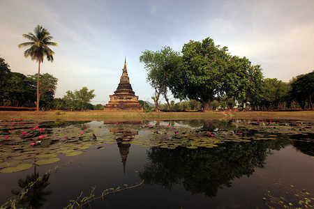 WatMahathTemple反射在湖中图片