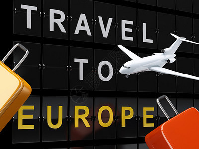 机场板旅行李箱和飞机去欧洲旅行的构想图片