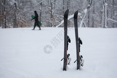 下雪了背景是被雪覆盖的森林滑雪者手里拿着他的滑雪板经过专注图片