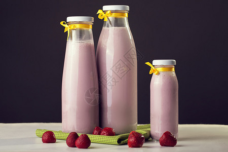 牛奶和水果由天然牛奶和草莓制成的酸奶勺子躺在银图片
