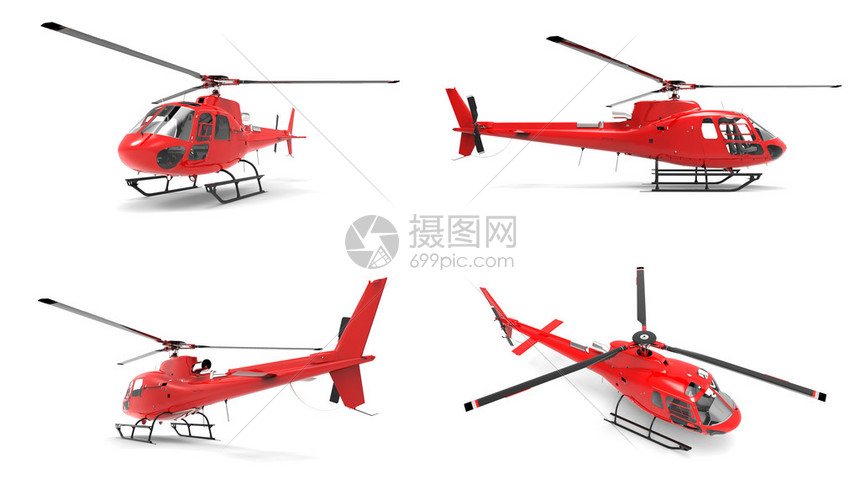 将红色民用直升机设置在白色制服背景上图片